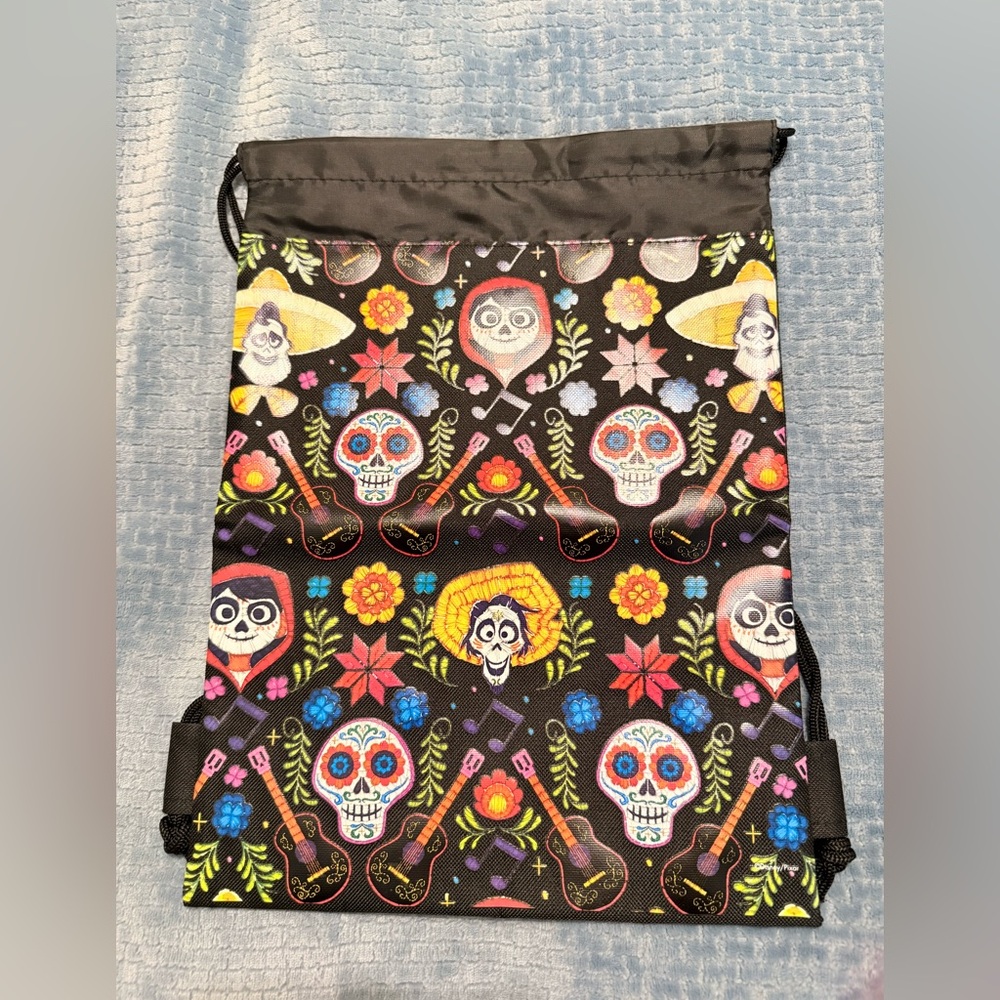Disney Pixar Coco Colorful Skull and Guitar Drawstring Bag NWT